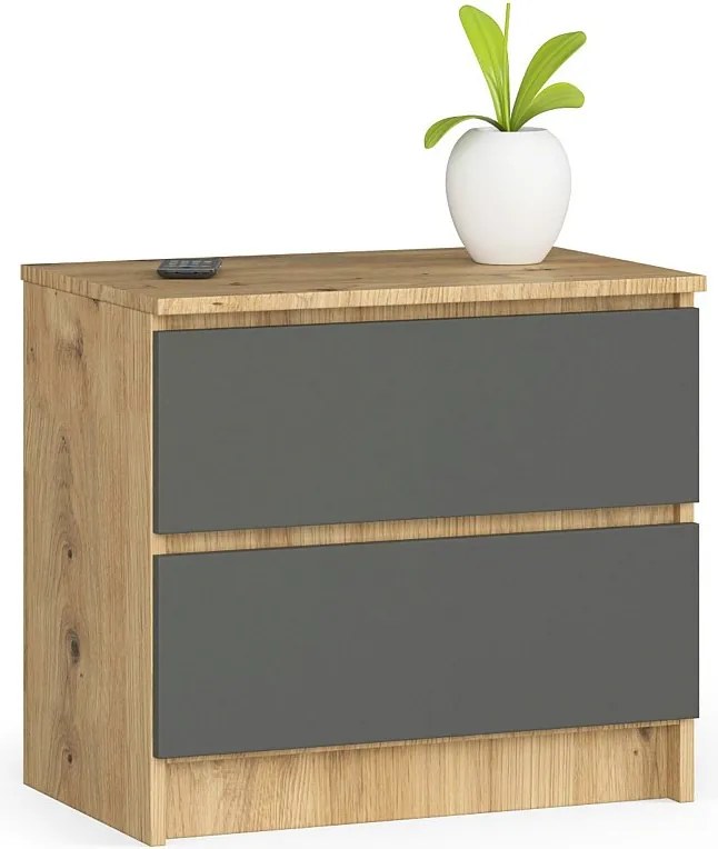 Szafka nocna AKORD K60 Dąb Artisan 60 cm 2 szuflady kolor Grafit Szary mat 60x40x55 cm