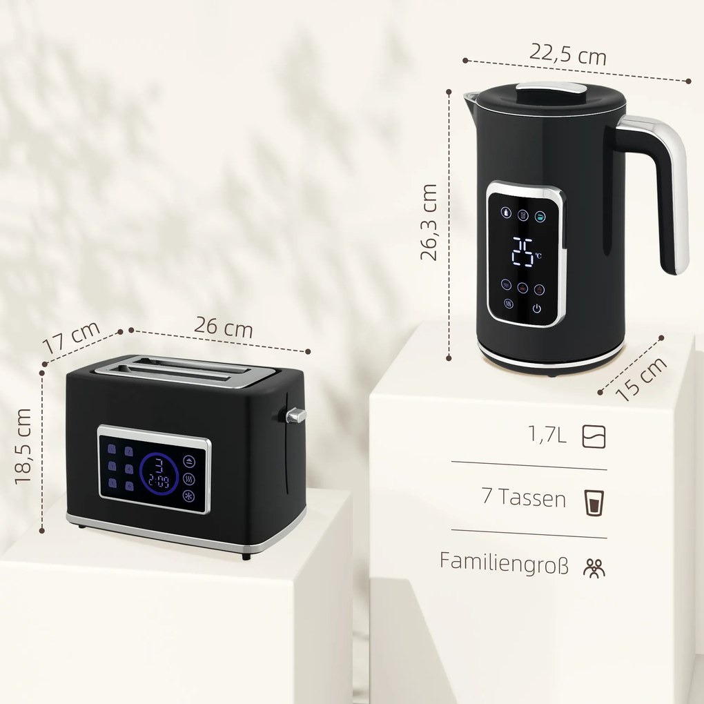 HOMCOM Zestaw czajnik i toster z ekranem dotykowym LED, 1,7 l, 2 szczeliny, różne tryby i funkcje, Czarny