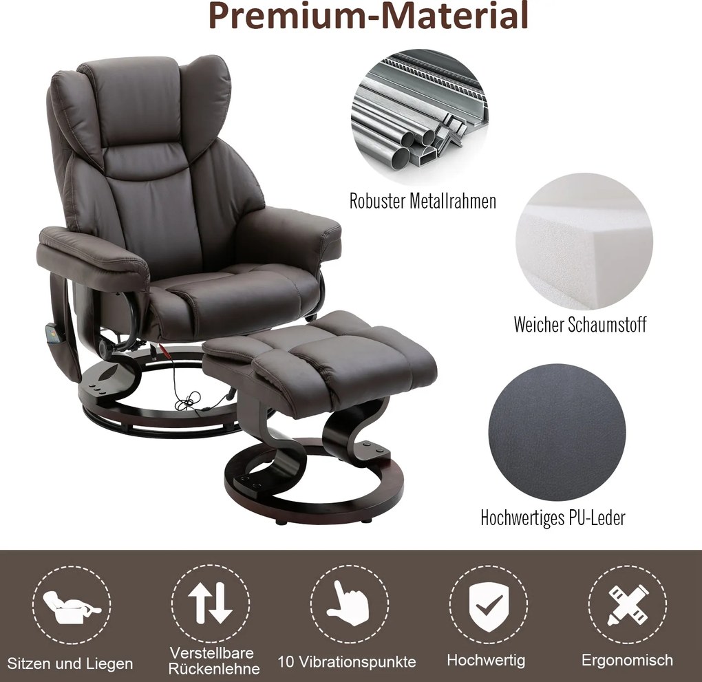 HOMCOM Fotel masujący z pufą relaksacyjny regulowany 145 stopni brązowy sztuczna skóra | Aosom PL