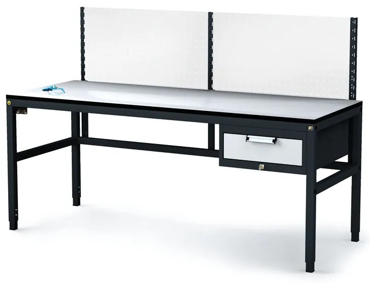 Antystatyczny stół warsztatowy ESD z panelem perforowanym, 1 skrzynka szufladowa na narzędzia, 1800 x 800 x 745-985 mm