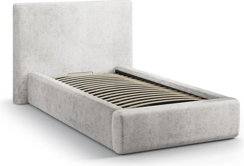 Jasnoszare tapicerowane łóżko jednoosobowe ze schowkiem ze stelażem 90x200 cm Amy – Micadoni