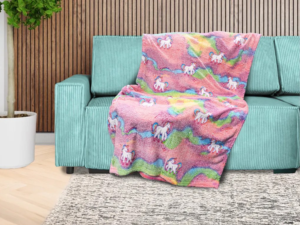 Świecący koc z mikroflaneli UNICORN 150x200 cm różowy