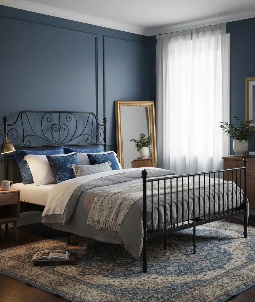 Czarne metalowe łóżko z zagłówkiem w stylu loft 140x200 cm P8-T57