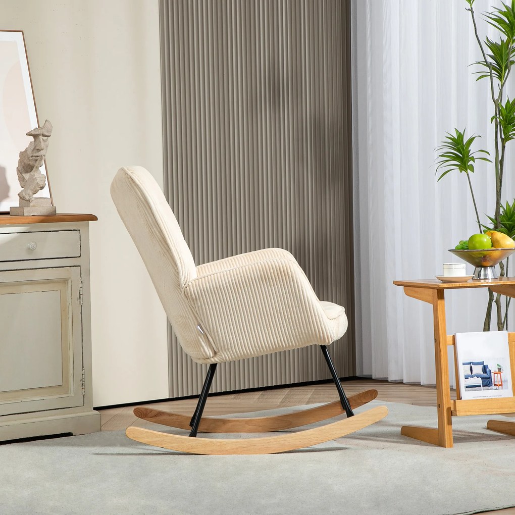 HOMCOM Vintage Fotel Huśtawkowy, Zakrzywione Płózki, Gruba Wyściółka, Buk i Stal, Beżowy