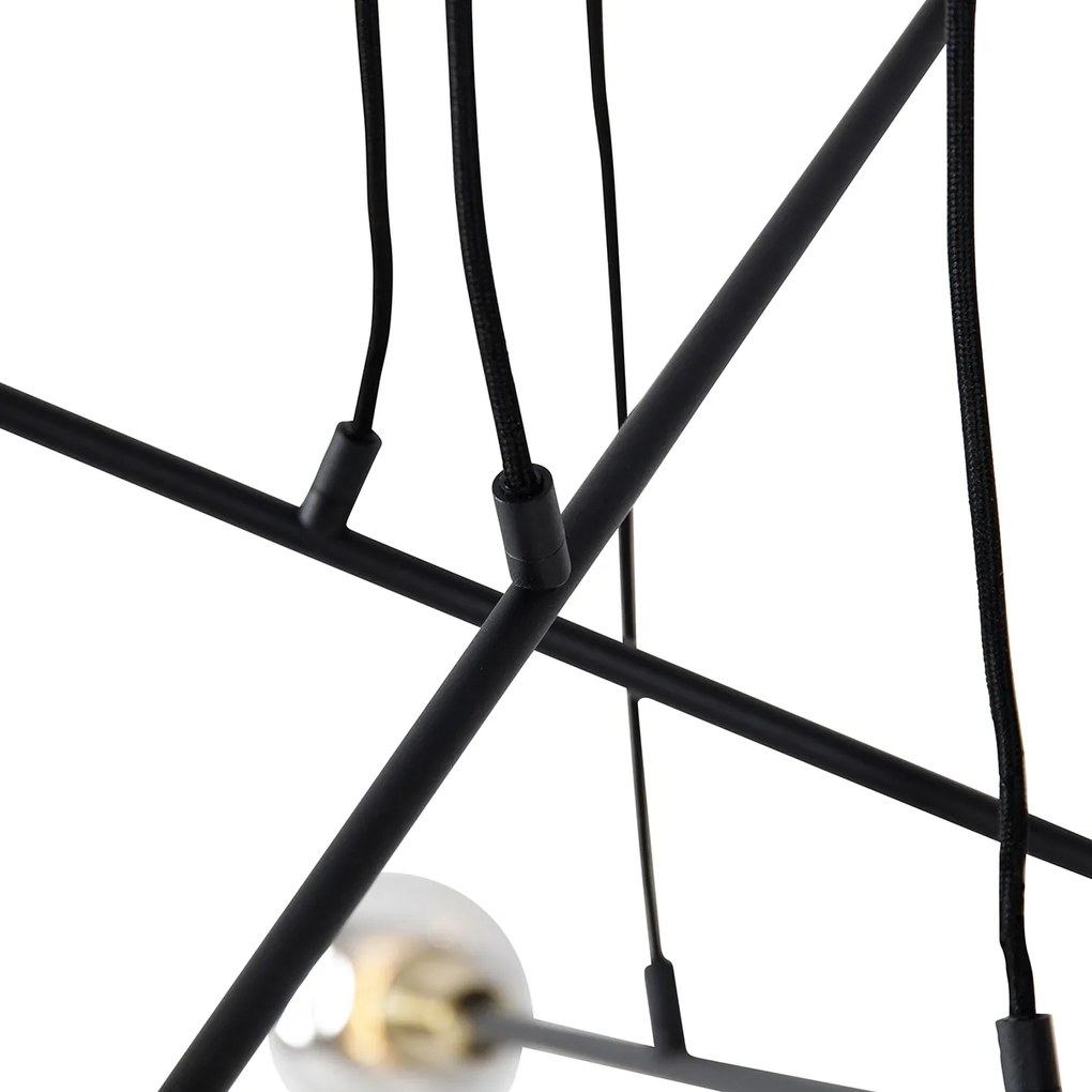 Lampa wisząca czarna z mosiądzem i przydymionym szkłem 6 lamp - Vidro Nowoczesny Oswietlenie wewnetrzne