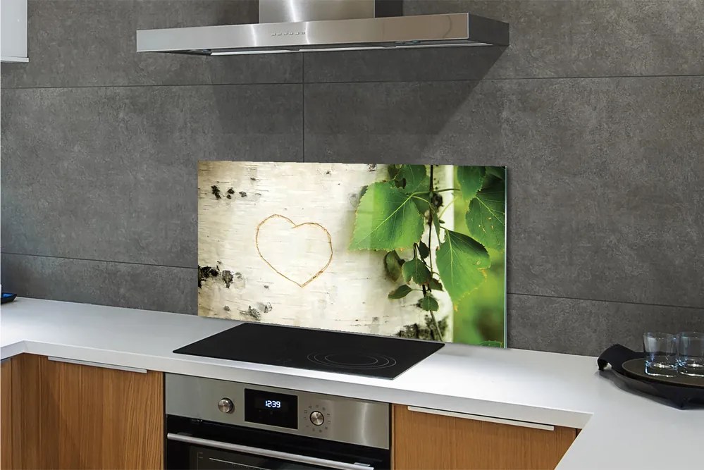Panel szklany do Kuchni Serce z Liści na Pniu Brzozy