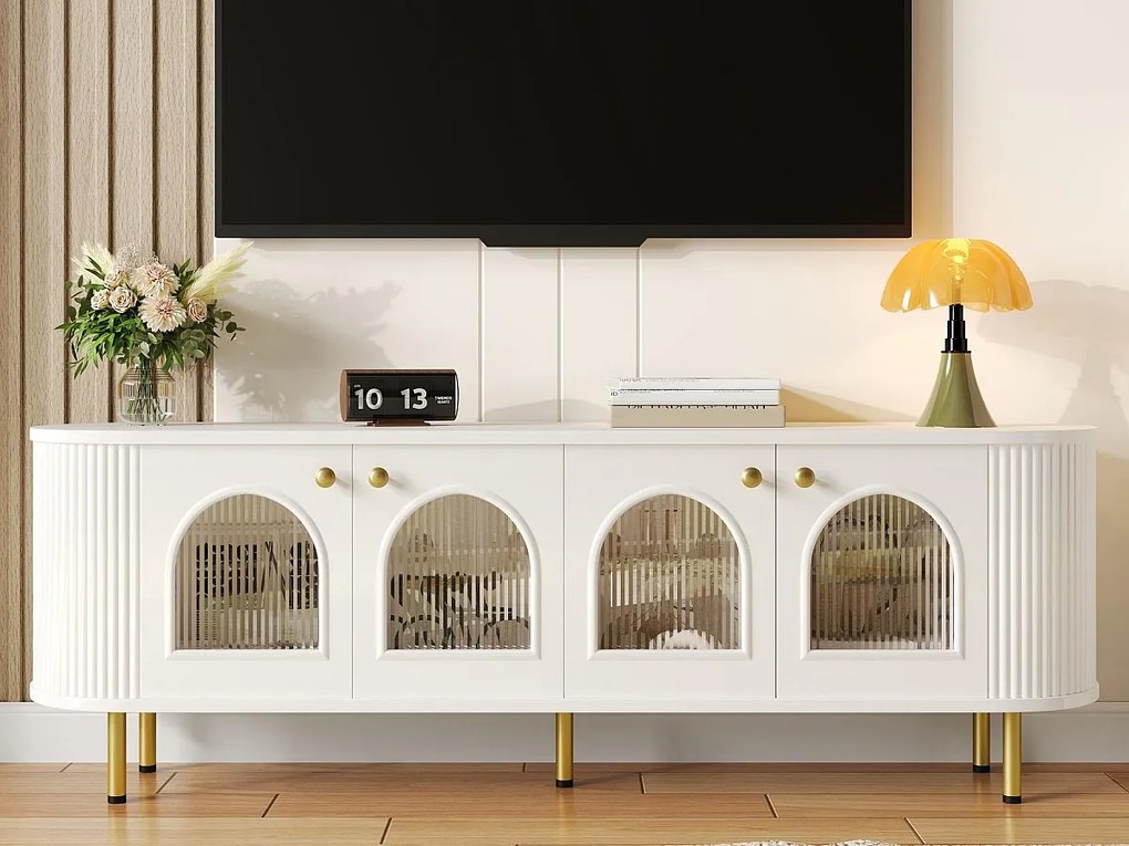 Meble TV 170x35x55cm - z 4 przeszklonymi drzwiami - złote uchwyty i nogi - Biały