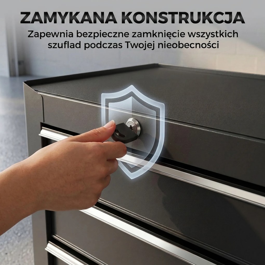 Skrzynka Narzędziowa HOMCOM, Szafka na Narzędzia, na Kołach, 5 Szuflad, Stal, Czarny