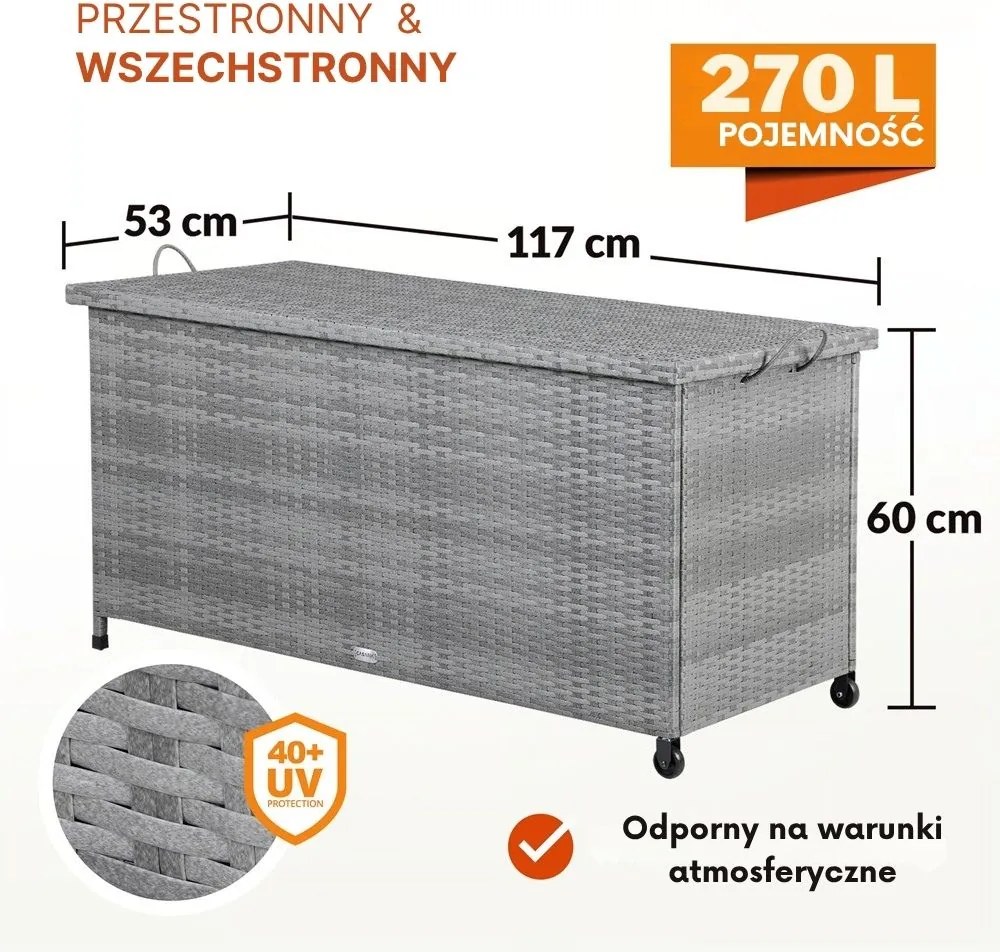 Polirattanowy pojemnik na schowek RICCO, 270L, 117x53x60cm, szara Casaria