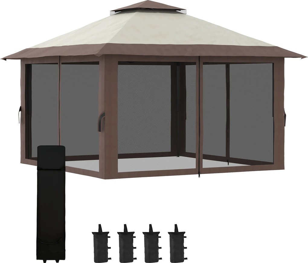 Outsunny Pawilon Składany 4x4x3m Beżowy z Regulowaną Wysokością 4 Ścianki Siatkowe Dach Wentylacyjny Torba Szybki Montaż | Aosom PL