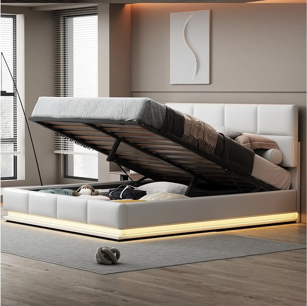 Łóżko z pojemnikiem 180 x 200 cm - z oświetleniem LED, podnośnikiem hydraulicznym, dnem z listew - białe PU - bez materaca