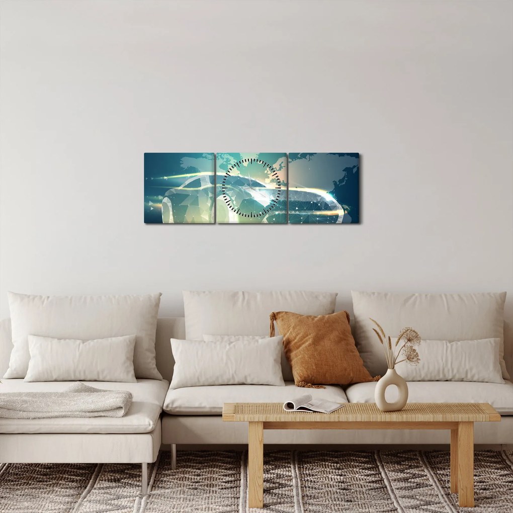 Obraz samochodu wykonany z geometrycznych kształtów (z zegarem) (90x30 cm)