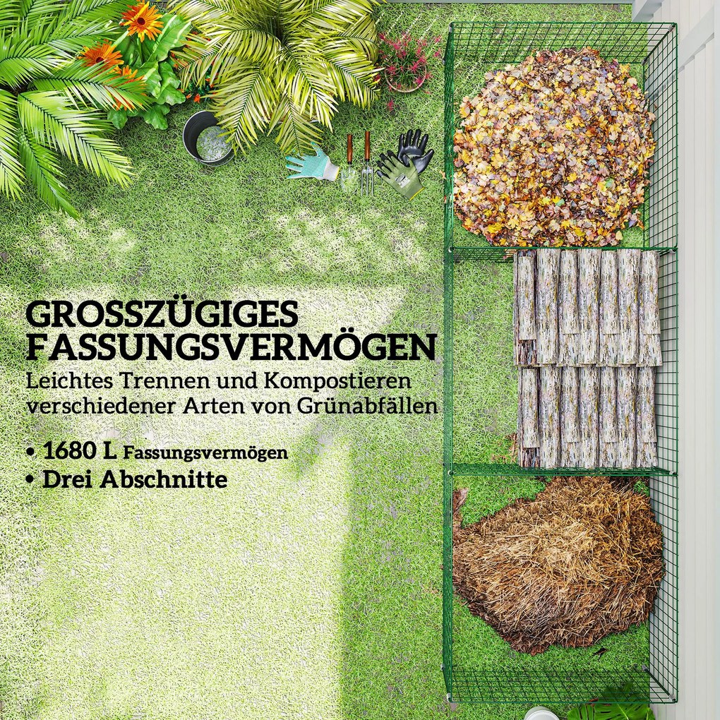 Outsunny Kompostownik 1680 litrów, 270 x 90 x 70 cm, 3-częściowy, szybki kompostownik ze stali, odporny na warunki atmosferyczne zielony