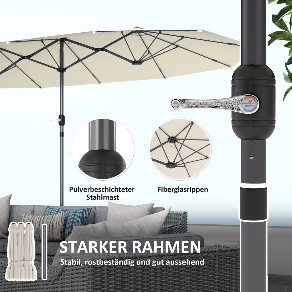 Outsunny Podwójny Parasol 436 x 260 cm, Stal z Ochroną UV z Korbką, Beżowy