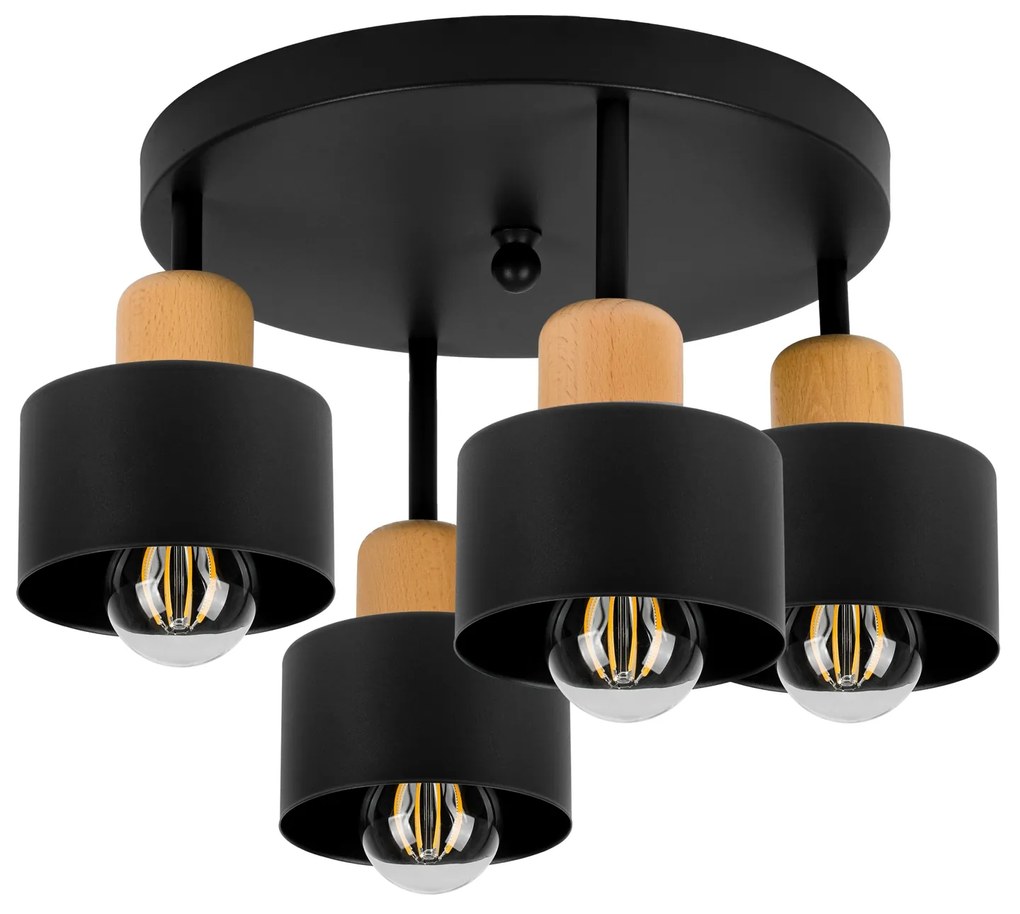 Czarna lampa sufitowa, czteropunktowy spot D4BU3030SC z drewna i metal