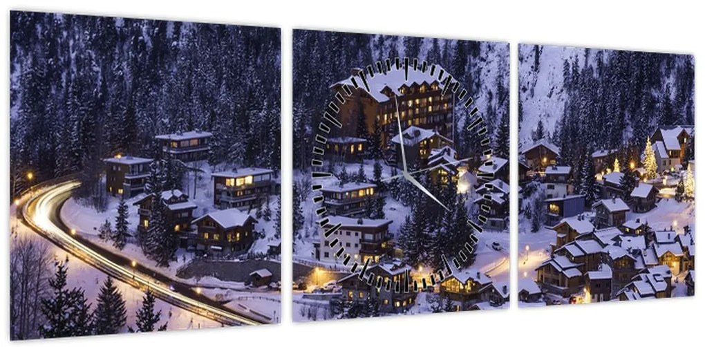 Obraz - górskie zimowe miasteczko (z zegarem) (90x30 cm)