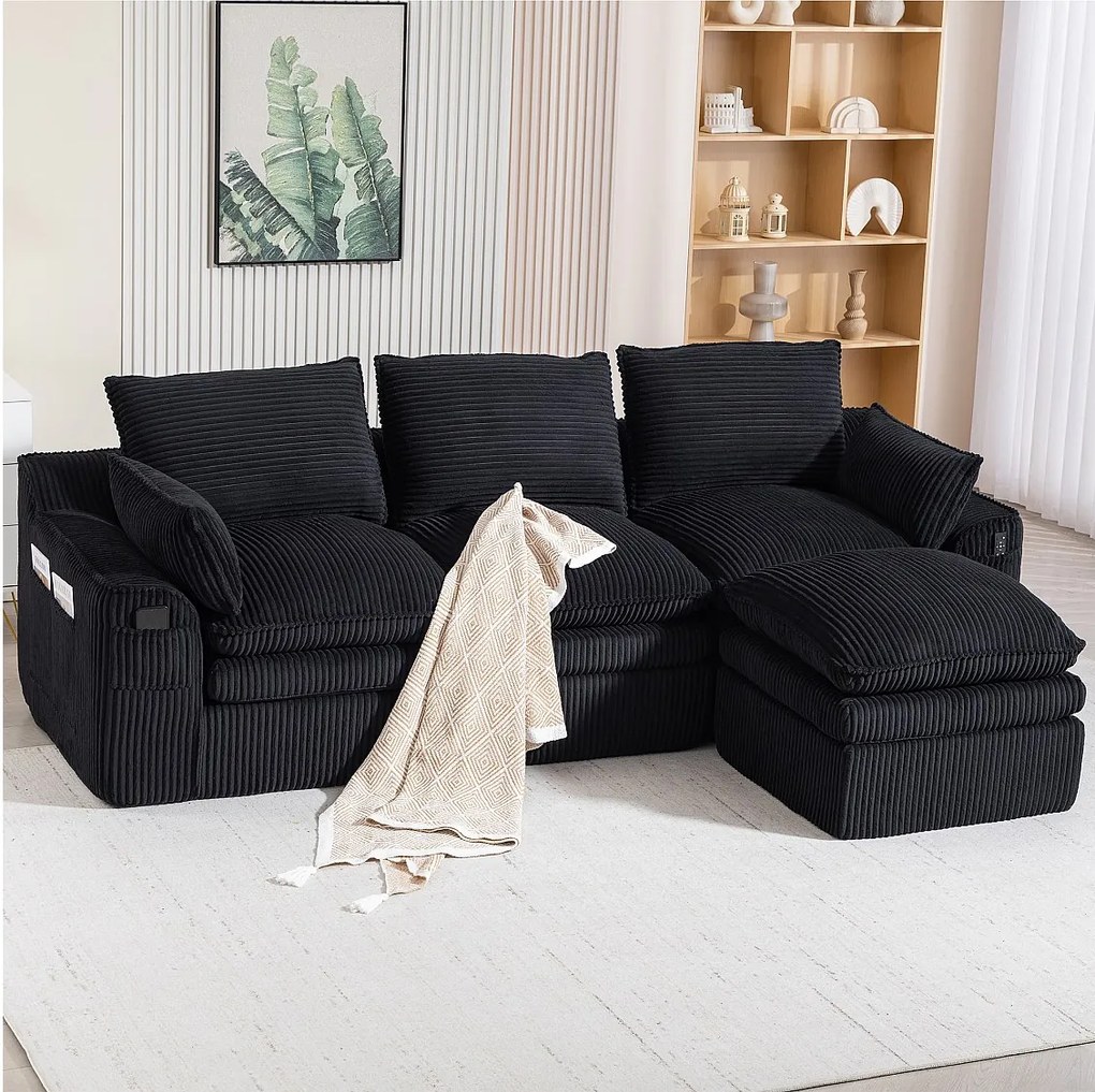 Modułowy zestaw wypoczynkowy 3-osobowy w sztruksie - 263 x 167 x 85 cm - z 1 pufem + poduszki + 2 kieszenie - czarny