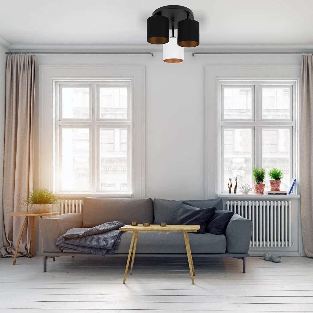 Lampa sufitowa czarna trzypunktowa z czarno-białymi abażurami C-3030SC