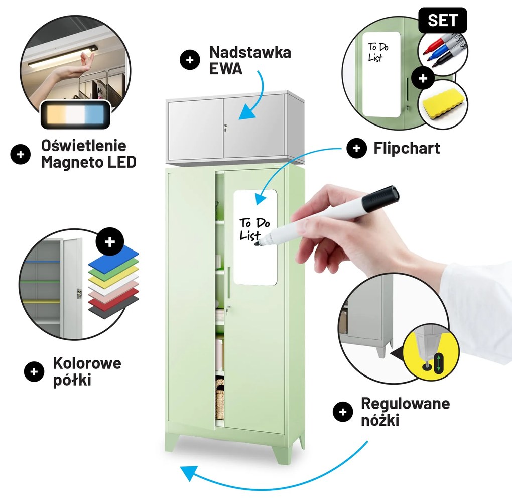 Szafa na dokumenty biurowa metalowa pastelowy zielony : Fresh Style JAN H 900 x 1950 x 400 mm