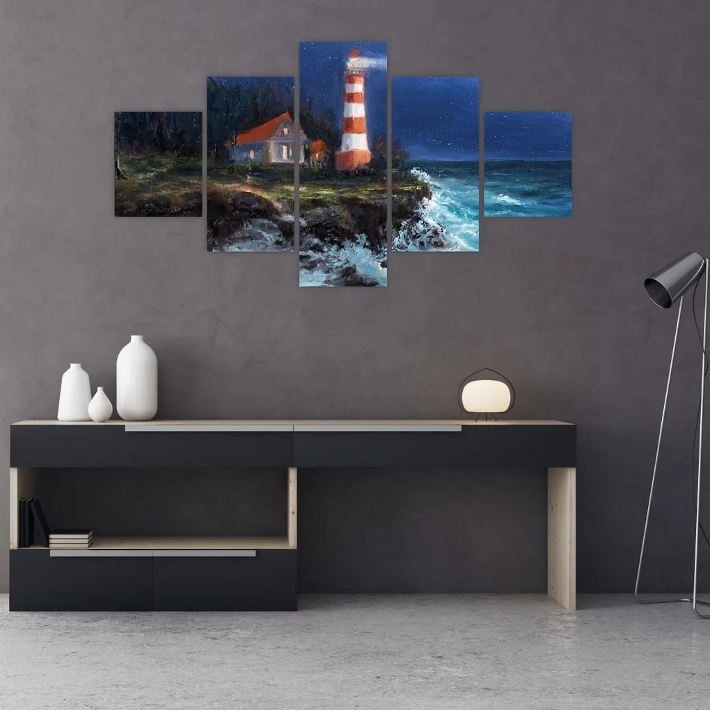 Obraz - Latarnia morska na brzegu oceanu, akwarela (125x70 cm)