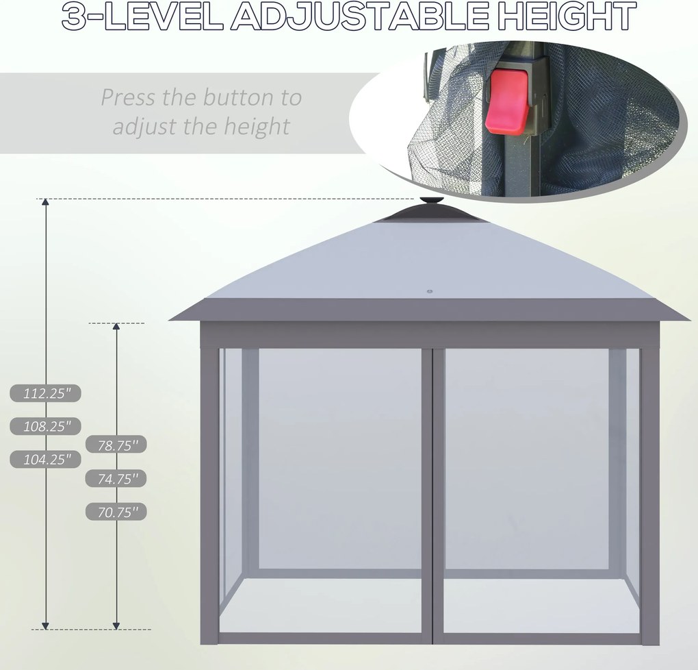 Outsunny 3,3 x 3,3 m Faltpavillon z oświetleniem LED, siatkowymi zasłonami, torbą transportową, Szary
