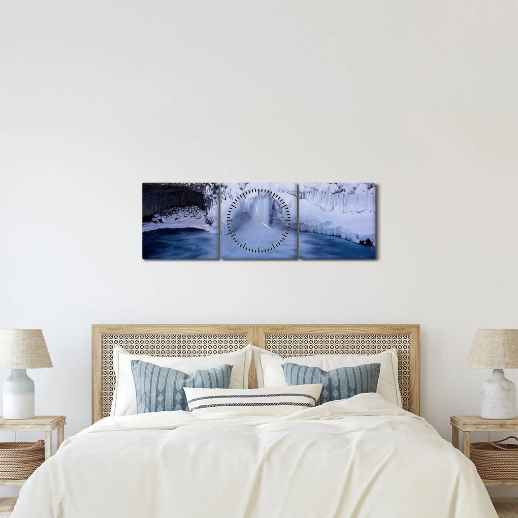 Obraz wodospadu zimą (z zegarem) (90x30 cm)