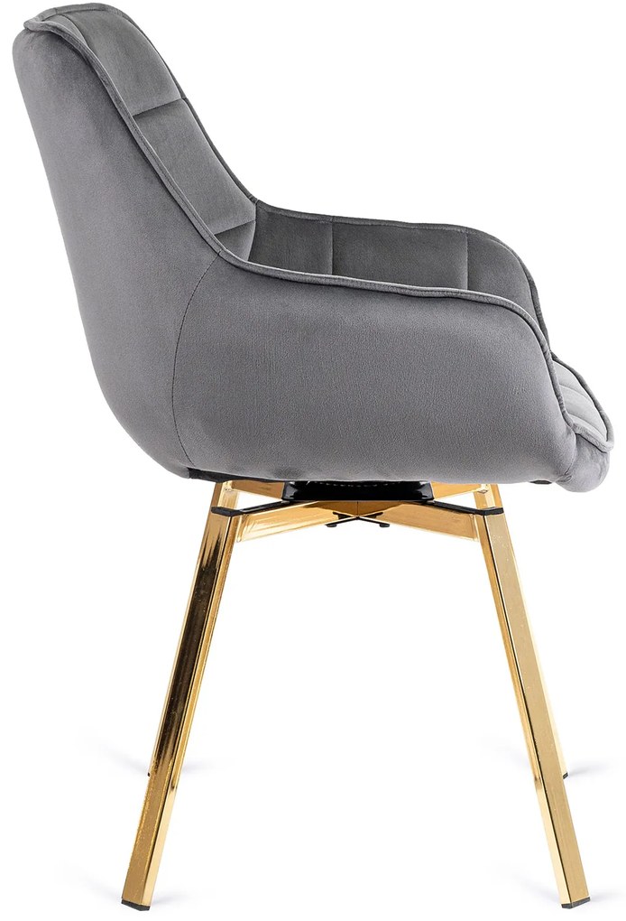 Zestaw Stół Okrągły Szklany SALLO 100 cm ze Złotymi Nogami i 4 Krzesła Tapicerowane Obrotowe do Salonu MIA Szare Welurowe