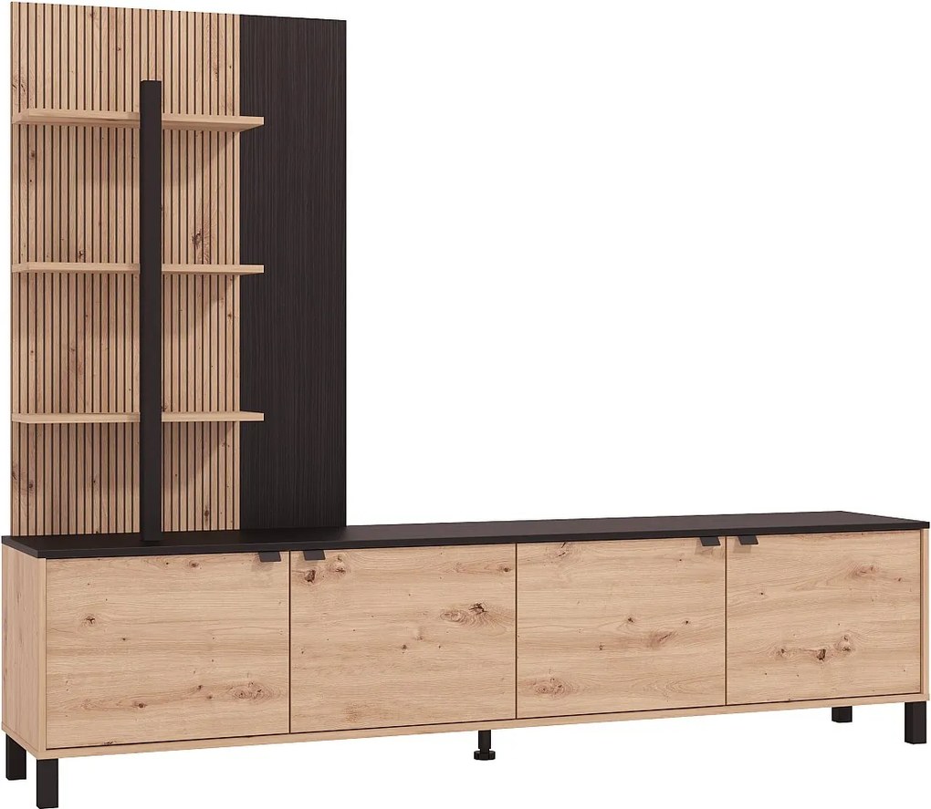 Ścianka RTV z 4 szafkami i 3 półkami - Naturalny i Czarny - NUJA