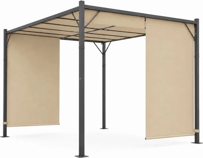 Beżowa pergola ogrodowa FG-362 z regulowanym zadaszeniem i roletami bocznymi