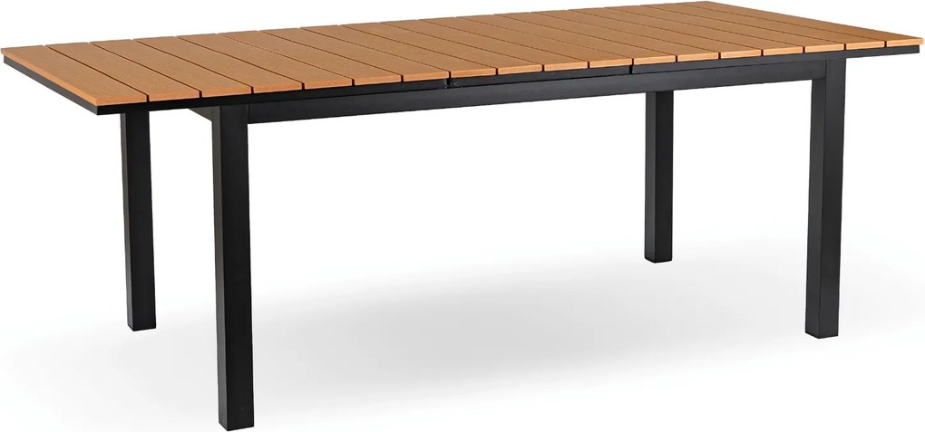 Zestaw Mebli Ogrodowych Stół ARGOS 140-180 cm Dąb/Czarny i 4x Fotel FRESNO Czarny Technorattan Nowoczesny