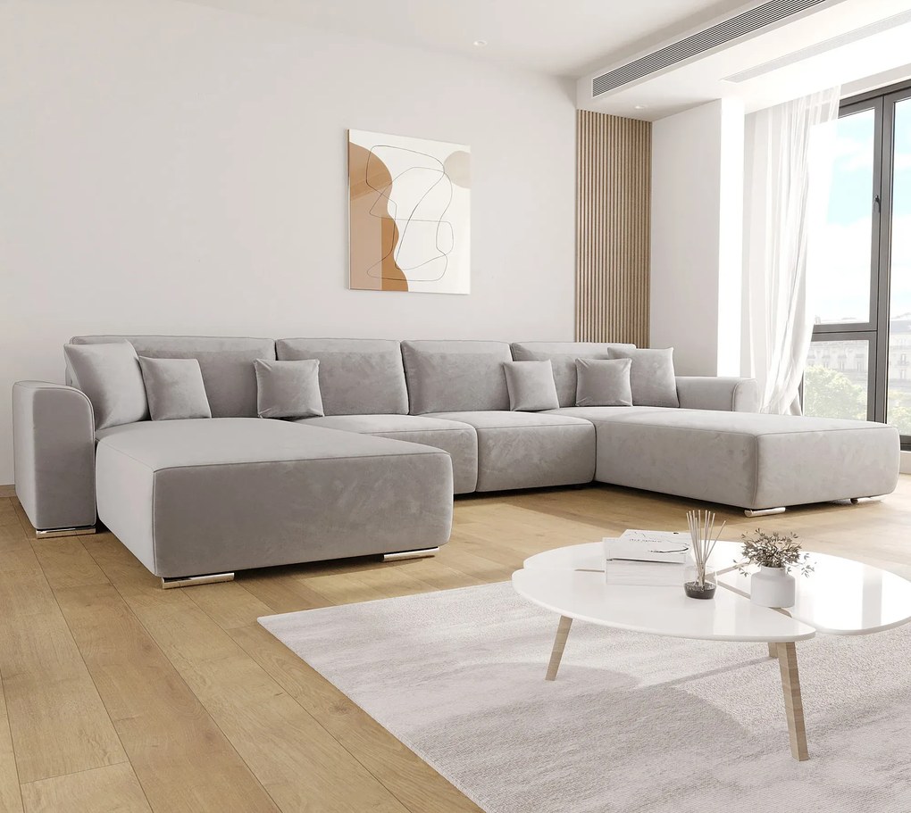 Jasnoszary rozkładany narożnik z pojemnikiem H7-D49