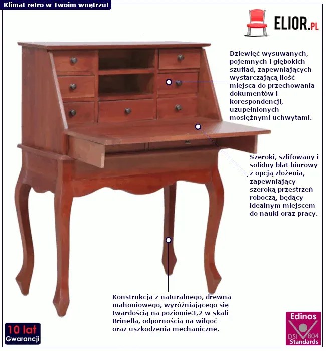 Ciemnobrązowy sekretarzyk, biurko retro z drewna - Oterb