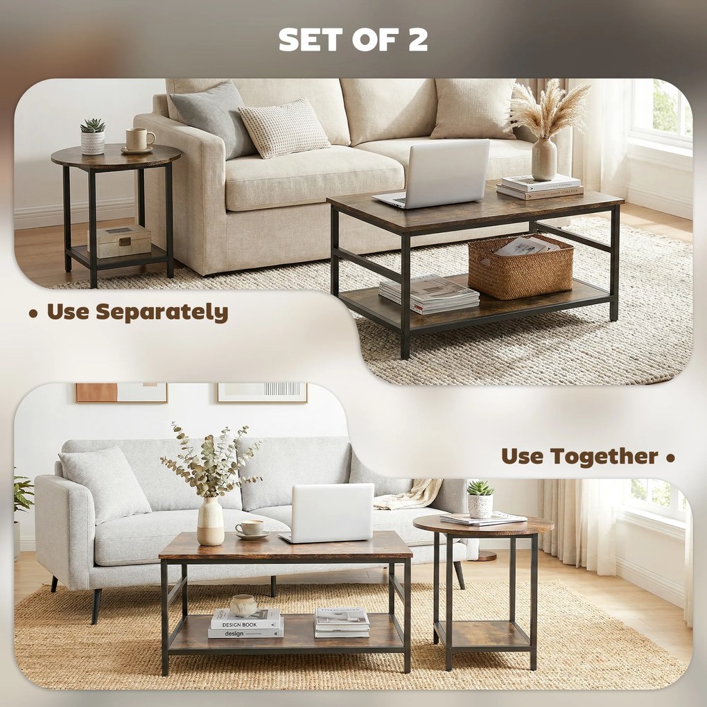 HOMCOM Zestaw stolików kawowych, 2-częściowy, stolik prostokątny i okrągły z 2-poziomowym miejscem do przechowywania, rustykalny brąz | Aosom PL