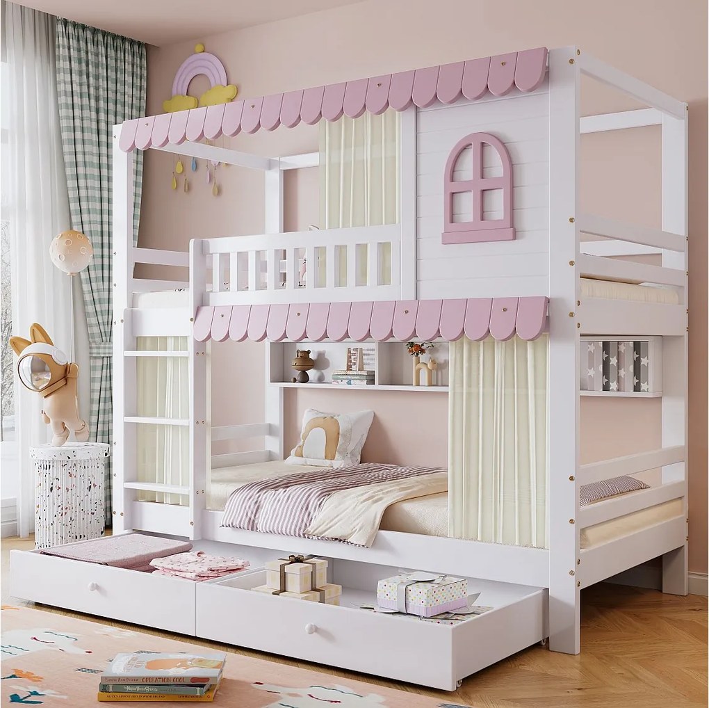 Łóżko piętrowe dla dzieci - 2 x 90 x 200 cm - z oknami + zasłony + otwarta półka + 2 szuflady - sosna + MDF - różowe
