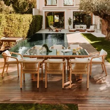 Zestaw Stołu Prostokątnego 200x100 Cm W Wyglądzie Płytek Oraz 8 Krzeseł Ogrodowych Z Drewna Akacjowego I Cementu - Sklum