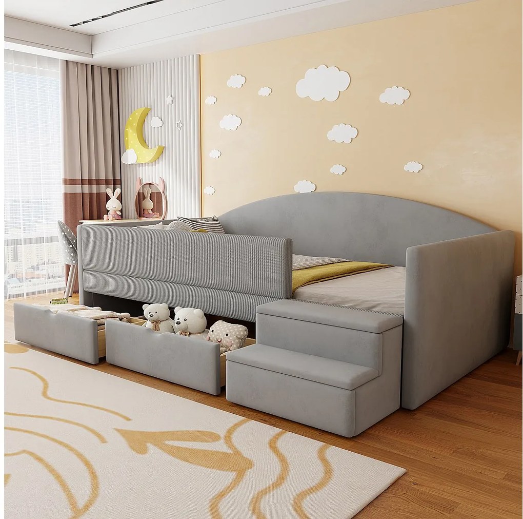 Sofa tapicerowana z funkcją spania - 90 x 190 cm - z 2 szufladami + drążkami + schodkami - welur - jasnoszara