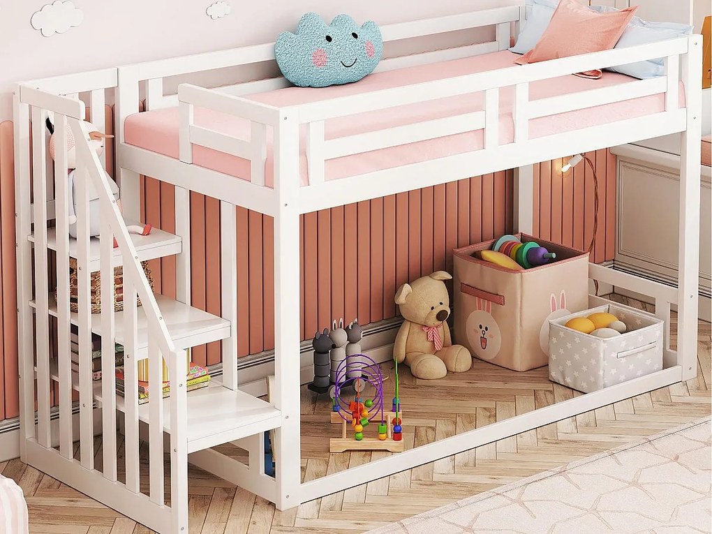 Łóżko piętrowe dla dzieci 90×200 cm - ze schodami i stelażem listwowym - białe