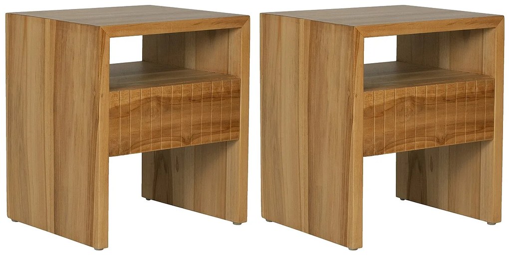 Zestaw 2 szafek nocnych z 1 szufladą i 1 niszą  - Drewno tekowe - Kolor: Naturalny - REVUKA