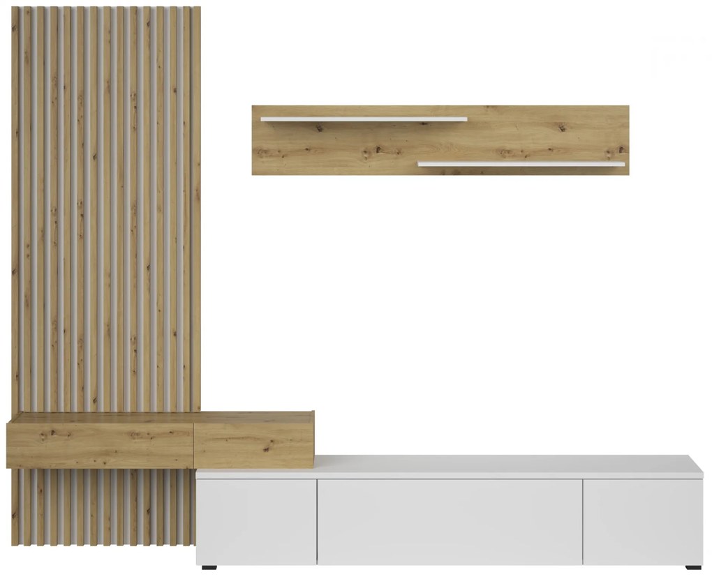 Meblościanka Lucimo 250 cm z lamelami - biały / dąb artisan