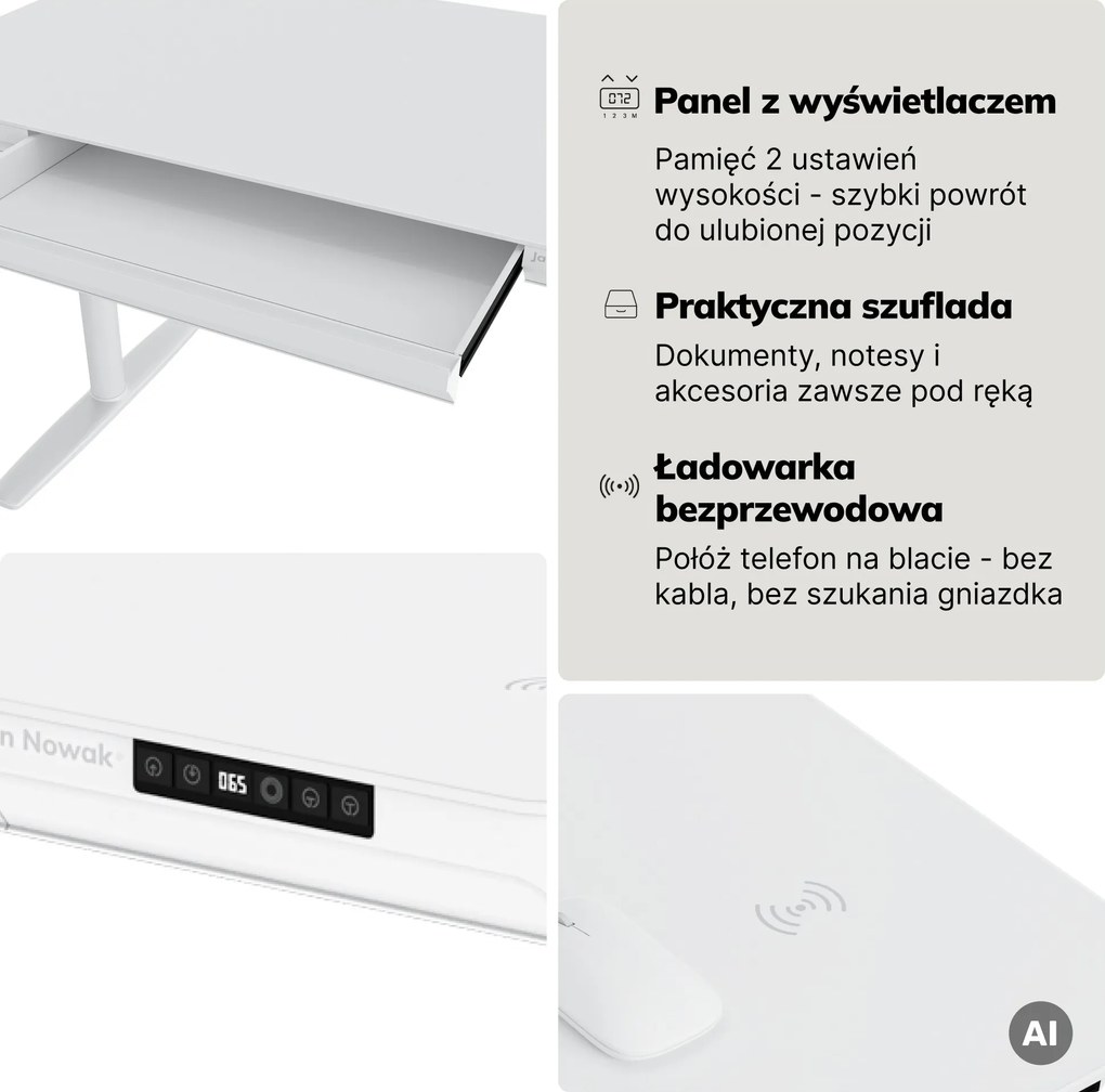 Biurko elektryczne sit-stand z szufladą i ładowarką bezprzewodową Qi białe, 1200 mm: ELLIS