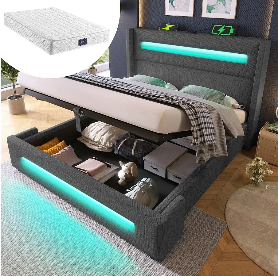 Łóżko tapicerowane podwójne ze schowkiem - 160 x 200 cm - z diodami LED + USB Type-C - z materacem - len - szare