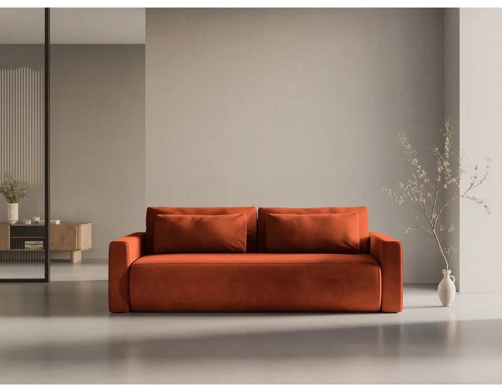Ceglasta aksamitna rozkładana sofa ze schowkiem 238 cm Belfast – Cosmopolitan Design