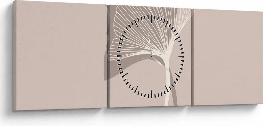 Obraz - Beżowe liście N⁰4 (z zegarem) (90x30 cm)