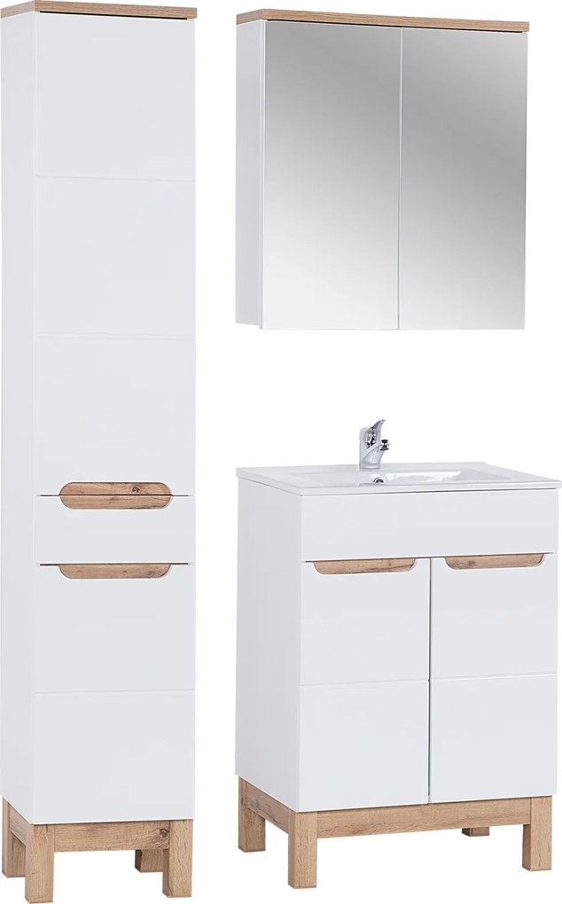 Biały zestaw łazienkowy Bali 045 - szafka 60 cm z umywalką, lustro i słupek