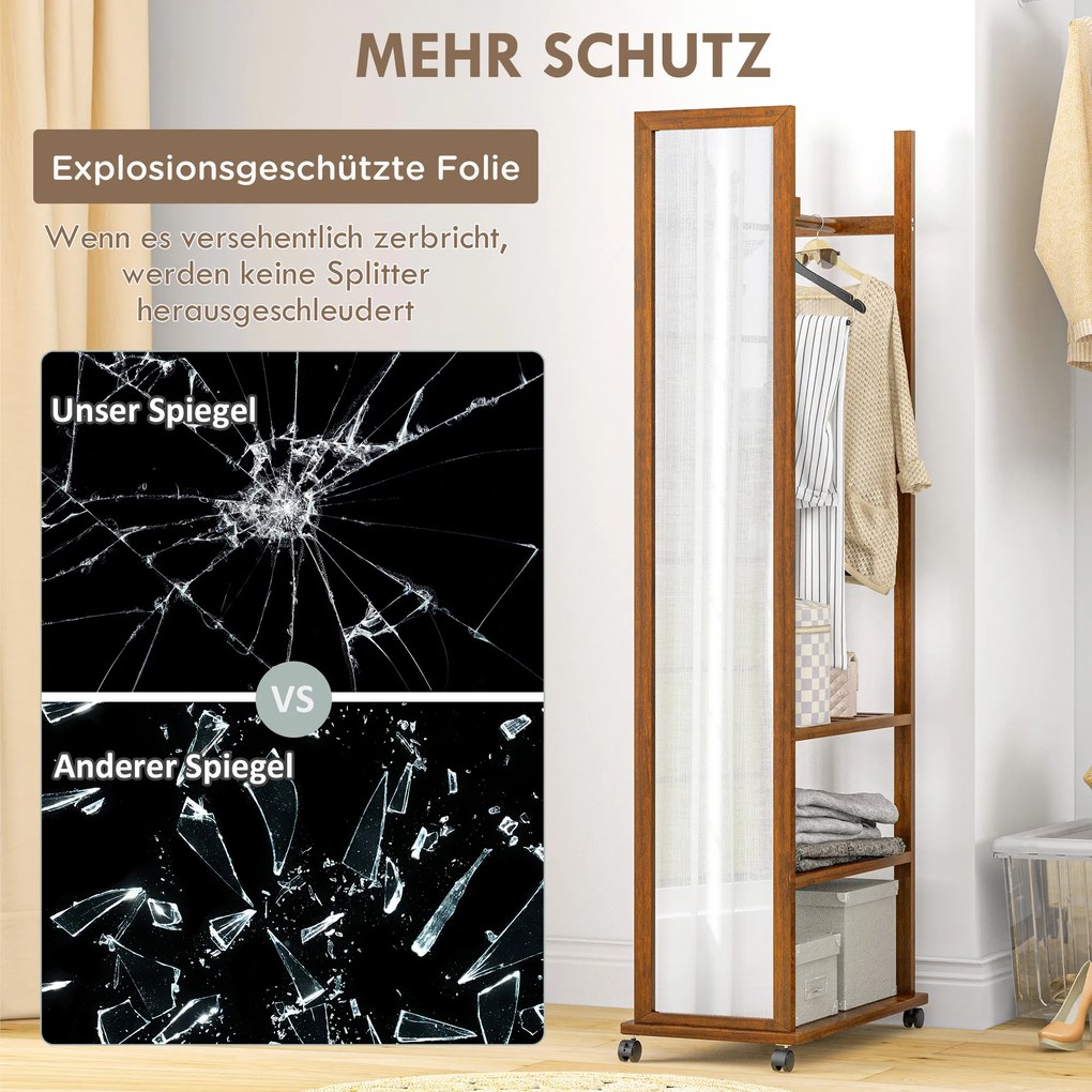 HOMCOM Lusterko 2w1 Lustrzane Lusterko do Garderoby, 1 Drążek na Ubrania, 3 Półki, 35,8 x 59,8 x 170 cm, Natur