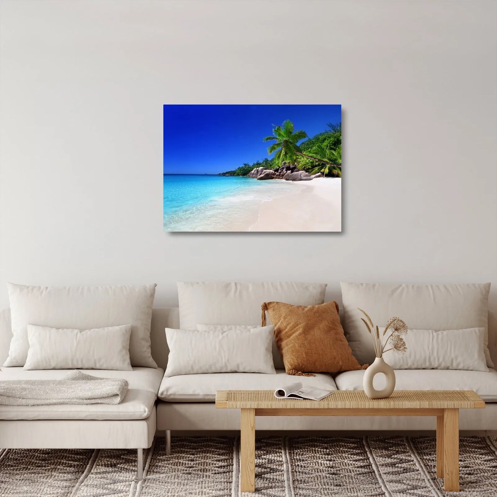 Obraz na szkle - plaża na wyspie Praslin (70x50 cm)