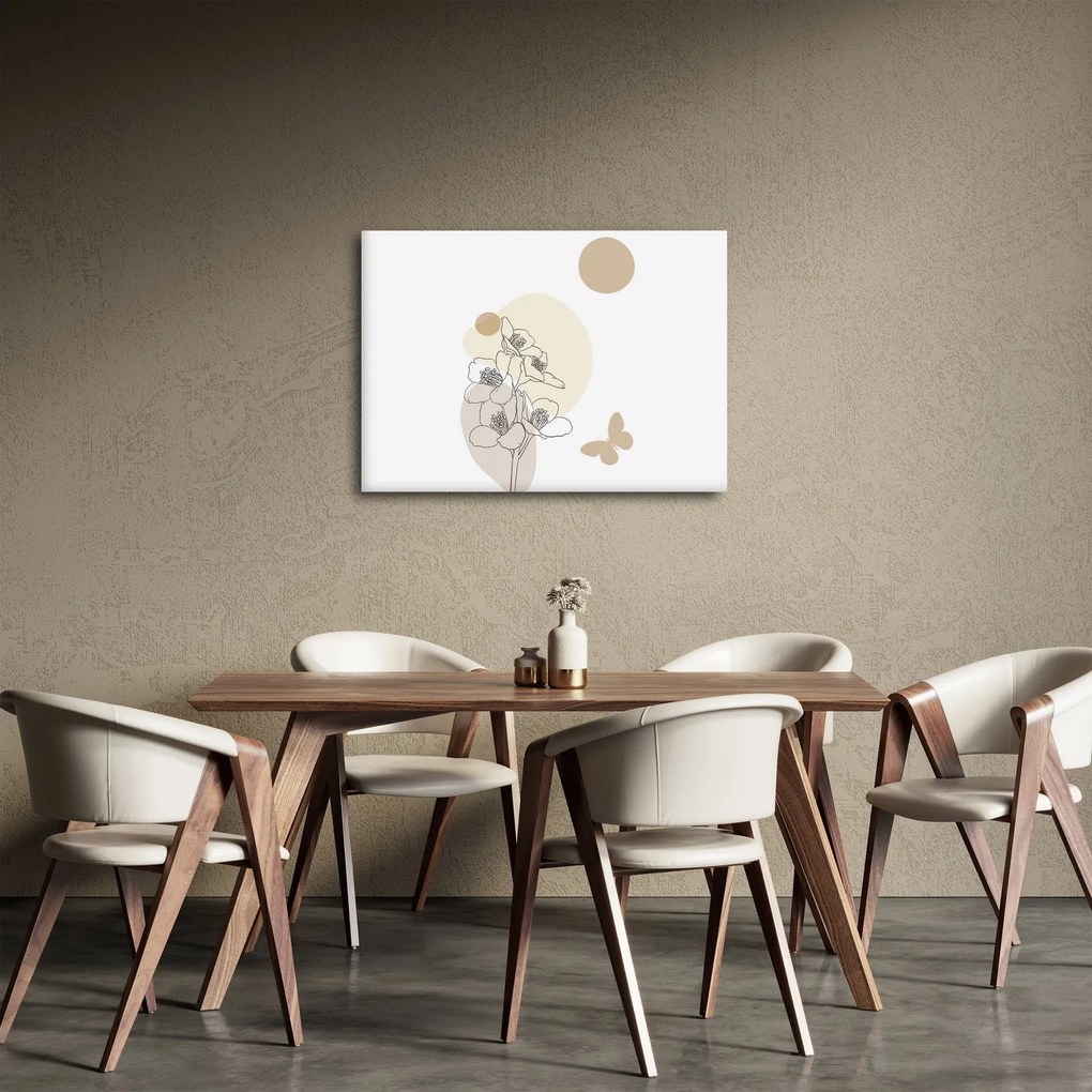 Obraz - Beżowe kwiaty z motylem N⁰4 (70x50 cm)
