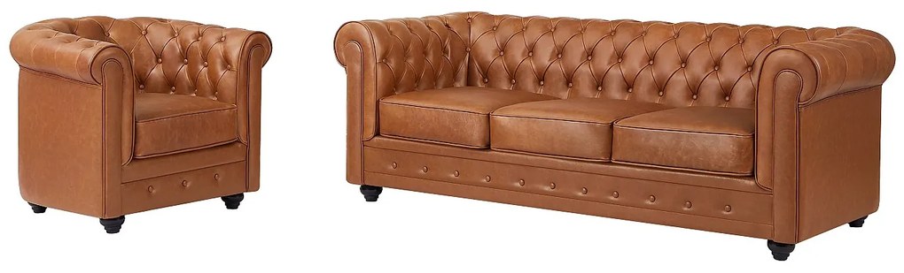 Kanapa 3-osobowa i fotel z camelowej skóry bydlęcej - CHESTERFIELD