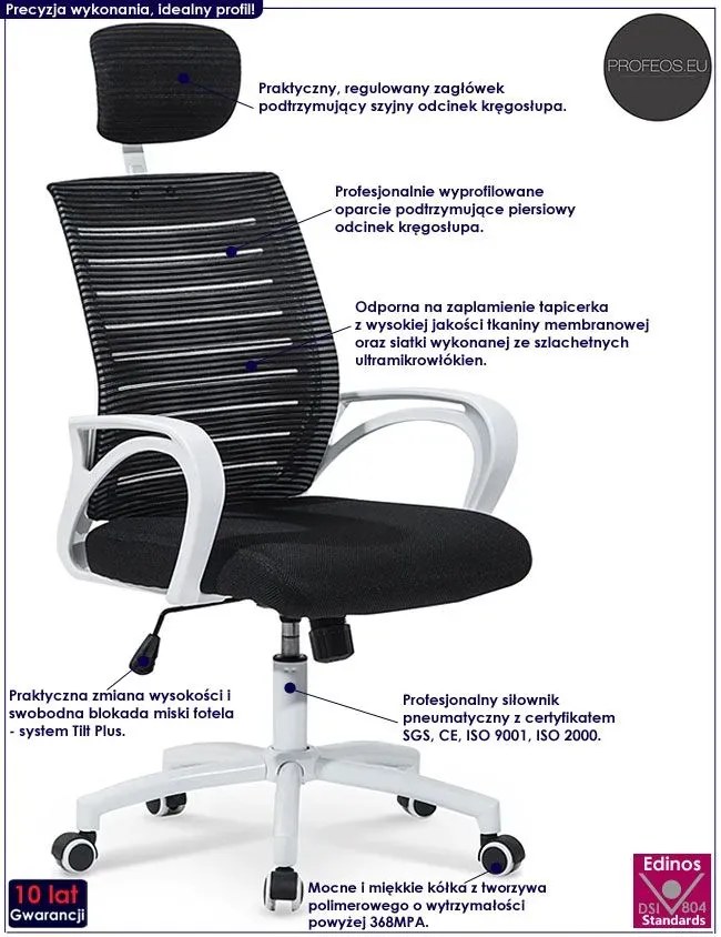Czarny fotel obrotowy z regulowanym zagłówkiem K2-E07