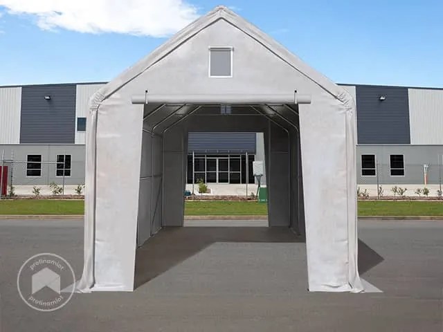 TOOLPORT 4x8m Hala namiotowa - 3 m wysokość ścian bocznych z 3x3m bramą, PRIMEtex 2300, szary, ze statyką (podłoże betonowe) - (48840)